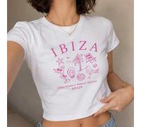Shein Camiseta corta de ombligo para mujeres Ibiza cóctel de palma de la isla de España Línea Rosa estampado con trazos simples de vacaciones