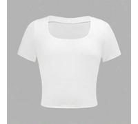 Shein Camiseta corta tejida de manga corta con cuello en U y ajuste ceñido de color liso básico para niñas preadolescentes, blanco