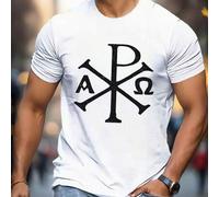 Shein Camiseta cristiana Alpha Omega Chi Rho, cuello redondo para hombre, 220 g/m², verano, puro algodón, manga corta (1 pieza)