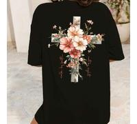 Shein Camiseta cristiana de mujer de corte holgado y cuello redondo con estampado floral inspirador "Jesús es la Luz" y el lema "Su gracia es suficiente"