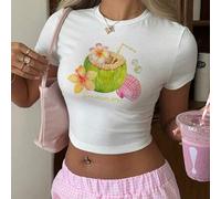Shein Camiseta crop top de manga corta y cuello redondo con estampado minimalista de coco y estrella de mar, adecuada para vacaciones de verano y primavera