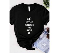 Shein Camiseta de 180g de algodón puro "Si la escoba encaja, monta en ella" - Camiseta gráfica de bruja y escoba divertida de Halloween para mamá, top el