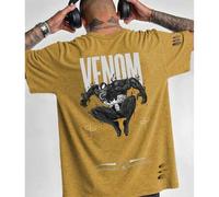Shein Camiseta de algodón acanalado para hombre de marca compartida de Marvel, estampado de veneno, estilo universitario, nueva camiseta deportiva de primav