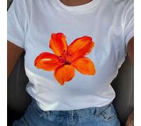 Shein Camiseta de algodón acanalado para mujer, con un dulce estampado floral romántico, estilo universitario, nueva camiseta deportiva de primavera y veran