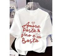 Shein Camiseta de algodón blanco con estampado "Amore Pasta Vino E Basta" de estilo unisex Y2K, simple y divertida, perfecta para el streetwear casual de pr