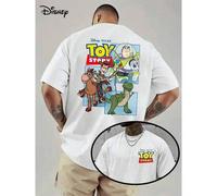 Shein Camiseta de algodón con estampado de la serie Disney y Toy Story: divertido estampado de Woody y Buzz Lightyear, camiseta informal de cuello redondo,