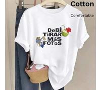 Shein Camiseta de algodón con estampado del eslogan español "DeBí TiRAR Más FOTOS" para mujer, top casual de manga corta con estampado de rana, camiseta par