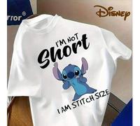 Shein Camiseta de algodón de 220 g con estampado de Stitch "I'm the Stitch Size" de Disney para hombre. Cuello redondo con cremallera. Ropa informal, estilo
