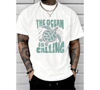 Shein Camiseta de algodón de cuello redondo para hombre, blanca con estampado de tortuga marina y la inscripción "The Ocean is Calling" para amantes de la p