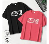 Shein Camiseta de algodón de cuello redondo para mujer con el logo de Marvel, estampado clásico de los Héroes de Marvel, top peplum para mujer de primavera/