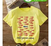 Shein Camiseta de algodón de manga corta amarilla elegante para mujer, top casual de cuello redondo con eslogan 'Crea tus propias olas' y estampado de peces