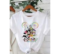 Shein Camiseta de algodón de manga corta con diseño de Mickey, Minnie y Donald Duck para vacaciones familiares de Disney, ajuste regular con cuello redondo,