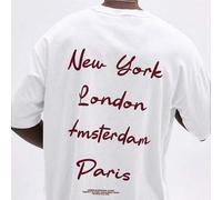 Shein Camiseta de algodón de manga corta con estampado de ciudades (Nueva York, Londres, Ámsterdam, París) en estilo urbano callejero, con silueta holgada y