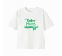 Shein Camiseta de algodón de manga corta con estampado de tema infantil, para niños y niñas, impresa con patrones de momentos felices y de sol