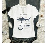 Shein Camiseta de algodón de manga corta y cuello redondo casual, ultra suave y cómoda para mujer, con gráfico de tiburón blanco grande, un solo paquete de