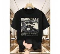 Shein Camiseta de algodón de Radiohead con cuello redondo, corte relajado, estilo hip-hop urbano, ajuste cómodo, estampado llamativo.