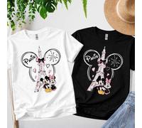 Shein Camiseta de algodón Disney Paris Torre Eiffel Mickey Minnie Lazo, camiseta casual de vacaciones para hombre y mujer