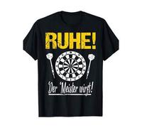 Shein Camiseta de algodón grueso de 220 g/m² para hombre - Camiseta negra con gráfico de dardos desgastados y la frase "Ruhe!"Der Meister wirt!", cuello red