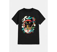Shein Camiseta de algodón grueso para hombre con cuello redondo y manga corta, estampada con un gato amante del ramen, 180 g/m2