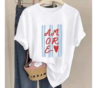Shein Camiseta de algodón holgada y cómoda para mujer con estampado del corazón "AMORE", perfecta para el uso diario en verano, ideal para mujeres de 18 a 3