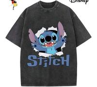 Shein Camiseta de algodón para hombre con licencia Disney para las fiestas familiares de 2026. Con estampado de Stitch, cuello redondo lavado, tacto suave y