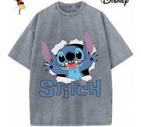 Shein Camiseta de algodón para hombre con licencia Disney para las fiestas familiares de 2026. Con estampado de Stitch, cuello redondo lavado, tacto suave y