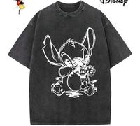 Shein Camiseta de algodón para hombre con licencia Disney para las fiestas familiares de 2026. Con estampado de Stitch, cuello redondo lavado, tacto suave y