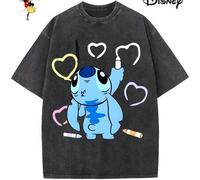 Shein Camiseta de algodón para hombre con licencia Disney para las fiestas familiares de 2026. Con estampado de Stitch, cuello redondo lavado, tacto suave y