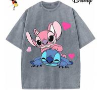 Shein Camiseta de algodón para hombre con licencia Disney para las fiestas familiares de 2026. Con estampado de Stitch, cuello redondo lavado, tacto suave y