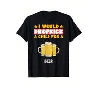 Shein Camiseta de algodón para hombres I'll Kick Young People to Get Beer - Patrón casual negro, diseño de jarra de cerveza, impresión humorística, ajuste c