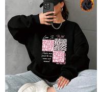 Shein Camiseta de algodón para mujer con el eslogan <<Love Like Wild», sudadera con capucha negra para mujer con hombros caídos, sudadera oversize de cuello