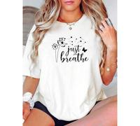 Shein Camiseta de algodón puro de 180g "Just Breathe", camiseta motivacional, camiseta de yoga, camiseta de cuello redondo "Just Breathe Meditation", camise