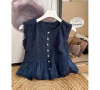 Shein Camiseta de chica abierta con boto tejido con goma elástico , bajo con volante y encaje , nueva colección de verano . talla única para una S/M . ent