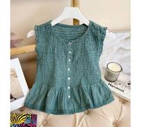 Shein Camiseta de chica abierta con boto tejido con goma elástico , bajo con volante y encaje , nueva colección de verano . talla única para una S/M . ent