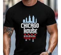 Shein Camiseta de Chicago House Music con silueta de ciudad, cuello redondo para hombre, 220 g/m², para verano, de puro algodón, manga corta (1 pieza)