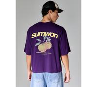 Shein Camiseta de corte recto con estampado gráfico de piña en la espalda, de manga corta, cuello redondo, color morado, diseño internacional, prenda casual