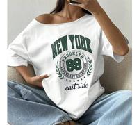 Shein Camiseta de cuello asimétrico holgada con estampado de "New York Brooklyn", color blanco, estilo primaveral oversize