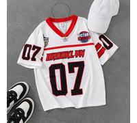 Shein Camiseta de cuello en V sobredimensionada y de hombros caídos para preadolescentes, con estampado de moto, gráfica de velocidad y contraste de color,