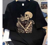 Shein Camiseta de cuello redondo con estampado de calavera & gato para mujer talla grande, casual, negra, de verano