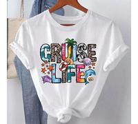 Shein Camiseta de cuello redondo con estampado de letras "CRUISE LIFE" y mensaje "Hello Summer" para vacaciones de mujer
