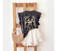 Shein Camiseta de cuello redondo con estampado gráfico de niña linda, 100% algodón, moda minimalista para mujer con puños con volantes, regalo para amigas