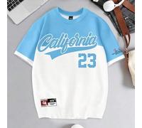 Shein Camiseta de cuello redondo con gráfico de estilo americano retro, bloques de color contrastantes azul y blanco a rayas, California 23, ropa de calle c