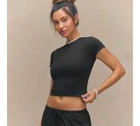 Shein Camiseta de cuello redondo de ajuste ceñido, de manga corta, de longitud de cadera, elástica, transpirable y de modal SoftCalm, para uso casual de ver