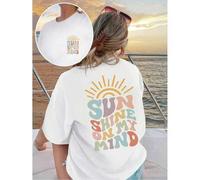 Shein Camiseta de cuello redondo de algodón 100% para mujer con estampado gráfico "Sunshine On My Mind", camiseta de manga corta con estampado retro de sol
