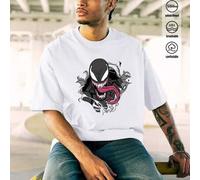 Shein Camiseta de cuello redondo de algodón para hombre de marca compartida de Marvel, estampado de veneno de simbionte, camisetas versátiles para primavera