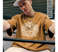Shein Camiseta de cuello redondo de algodón para hombre de marca compartida de Marvel, estampado del logotipo de los héroes clásicos de Marvel, camisetas ve