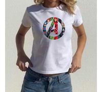 Shein Camiseta de cuello redondo de algodón para mujer de marca compartida de Marvel, estampado de Los Vengadores, tops versátiles de primavera y verano par