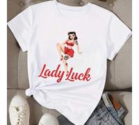 Shein Camiseta de cuello redondo de estilo pin-up retro con diseño vintage de chica pin-up con conjunto rojo, perfecta para usar todo el año, gran regalo pa