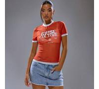 Shein Camiseta de cuello redondo de malla con estampado gráfico en contraste, ropa de calle de estilo Y2K, chica cool, musa de la ciudad, otoño, vuelta al c