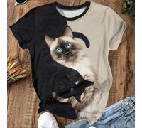 Shein Camiseta de cuello redondo de manga corta con estampa de gatos yin yang en blanco y negro, informal y cómoda